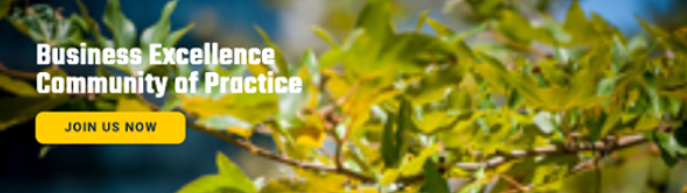 leafy tree background, text Business Excellence Community of Practice